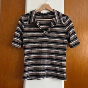 Twik 70s Style Striped Collared Knit Top
